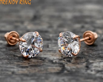 Rose Gold Earrings | 14K Rose Gold Studs Screw Back Earrings | Clear CZ Studs Earrings | Girls Gold Earrings | Womens Rose Gold Earrings