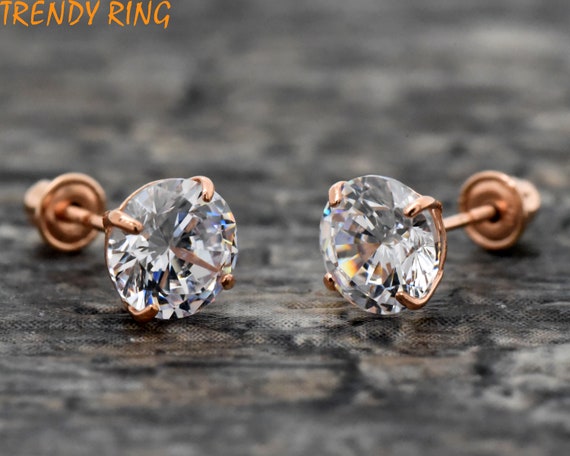 Rose Gold Earrings 14K Rose Gold Studs Screw Back Earrings Clear