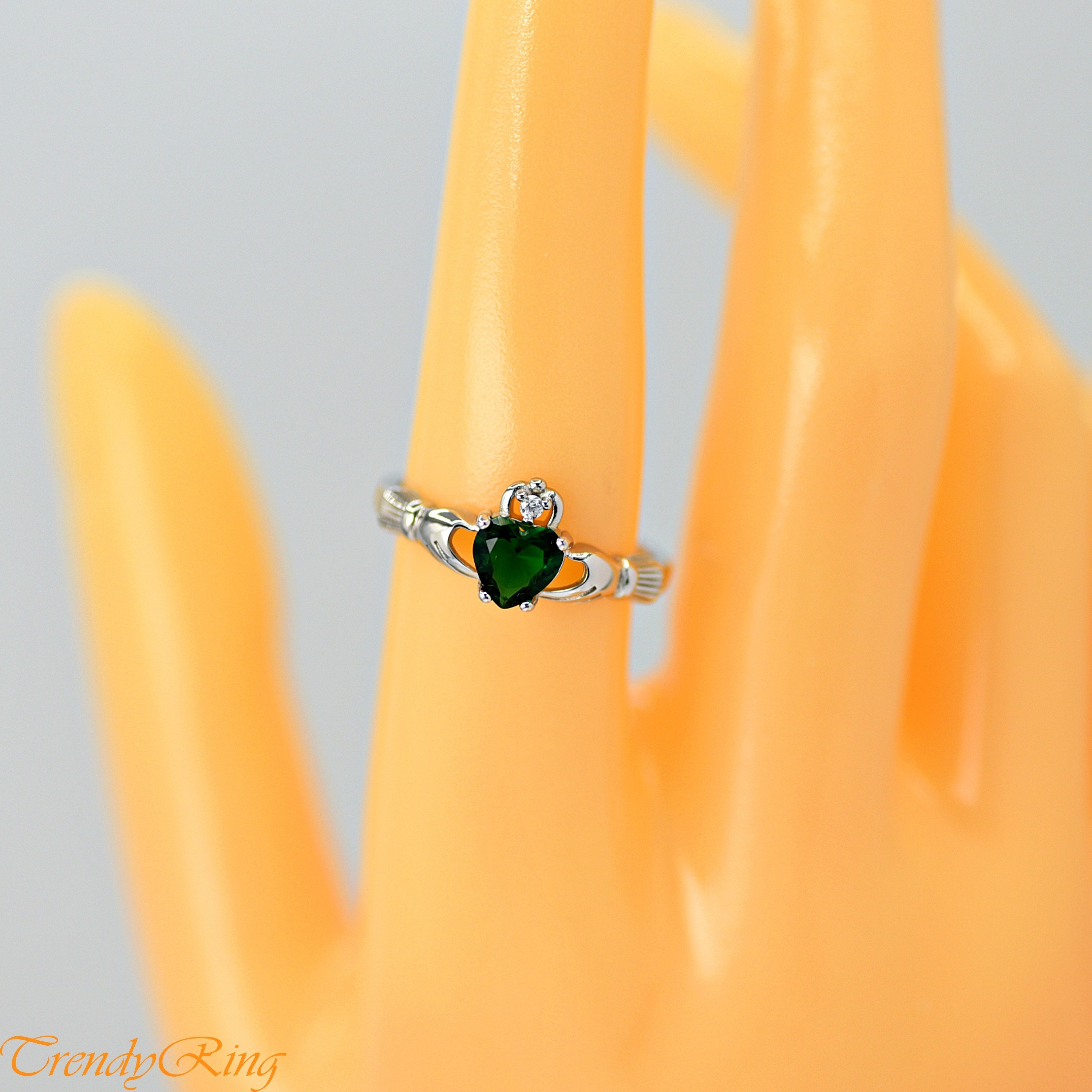 14k White Gold May Birthstone Claddagh Ring With Emerald Heart & Diamonds