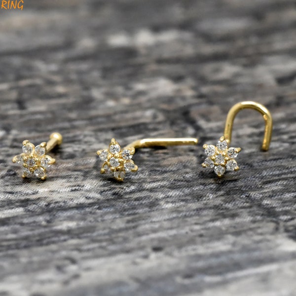 14K Soild Gold Flower CZ 3.8mm Dainty Nose Studs, Flower L-Shaped Nose Stud Ring, Flower Ball Bone End Nose, Flower Nose Screw Gold