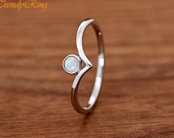 Ball Opal Bezel Cet Center Sterling Silver V Shape Ring / Dainty Wishbone Opal Ring / Chevron Lab Created Opal V Ring / Trendy Stacking Ring