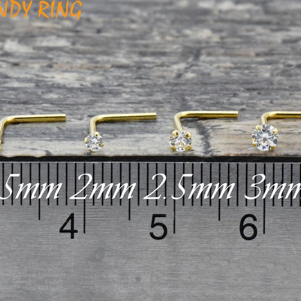Gold Nose Ring Studs Jewelry 20 Gauge Solid 14K Gold Round CZ Prong Set L Bend Nose Studs, Dainty Solid 14K Gold L Shape Bend Nose Ring
