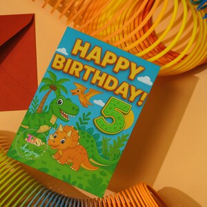 Cartão de aniversário de 5 anos com dinossauro para imprimir | Cartão de aniversário fofo de dinossauro para crianças | Download instantâneo em PDF dobrável 5x7 | Cartão de aniversário divertido para meninos |