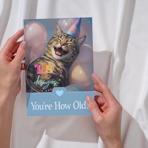 Carte d'anniversaire drôle de chat à imprimer | PDF pliable 5 x 7 | Vous avez quel âge ? | Téléchargement instantané