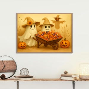 Ghost Halloween Art Printable | Straw Hat Ghost PNG and PDF | Cozy Fall Candy Wheelbarrow | Pumpkin and Scarecrow Download