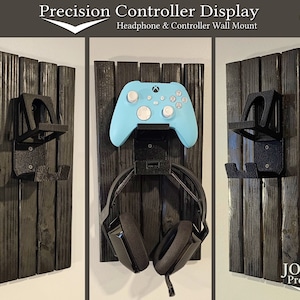 Rustic Black Video Game Controller and Headphones Display, Organizer. Mounted on Slotted Wood Board. Wall Mount. Single Controller/Headphone