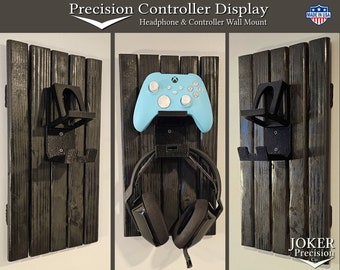 Rustic Black Video Game Controller and Headphones Display, Organizer. Mounted on Slotted Wood Board. Wall Mount. Single Controller/Headphone