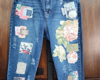 przerobione vintage'owe damskie jeansy rozmiar 14 długie