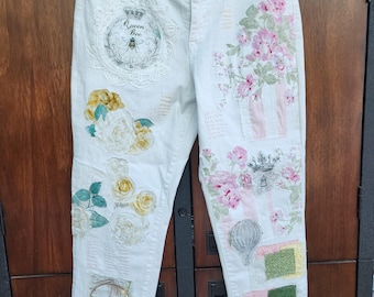Vaqueros boyfriend blancos con adornos, talla 12, con apliques de tela y encaje