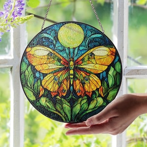Luna Moth Stained Glass Suncatcher for Window Hanging Gift For- Her Lunar Moth and Moon Window Decoration Unique Gift- For Mom, Daughter