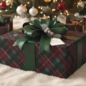 Tartan Plaid | Elegant Christmas Wrapping Papers | Green and Burgundy Gift Wrap Roll, Thick Luxury Holiday Paper