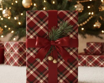 Dark Red Plaid Christmas Wrapping Paper Roll, Burgundy Beige Tartan Gift Wrap