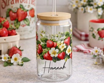 Personalized Strawberry Sipper Glass 16oz | Custom Glass Can with Straw | Strawberries Decor Party Glasses