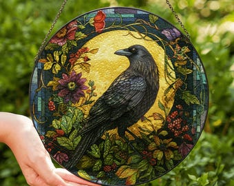 Black Raven Stained Glass Suncatcher Decor Gothic Crow Window Hanging Halloween Gift Home Decor Gift For Her Stained Glass Art Crow Decor