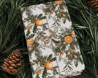 Vintage Christmas Orange Gift Wrap, Pomander Winter Holiday Gift Wrap Roll, Boho Xmas Gift Wrap, Farmhouse Christmas Fruit Wrapping Paper