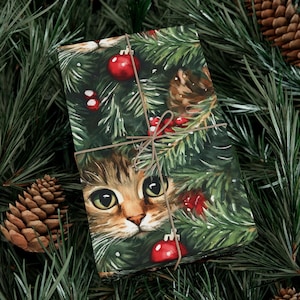 Gift Wrap Papers, Cat Hiding In Christmas Tree, Cat Lover Holiday Seasonal Xmas Wrapping Paper Roll, Christmas Gift Wrap