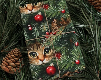 Gift Wrap Papers, Cat Hiding In Christmas Tree, Cat Lover Holiday Seasonal Xmas Wrapping Paper Roll, Christmas Gift Wrap