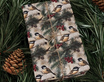 Christmas Bird Chickadee Rustic Christmas Wrapping Paper, Vintage Winter Holiday Gift Wrap Roll, Xmas Gift Wrap Seasonal Farmhouse Gift Wrap