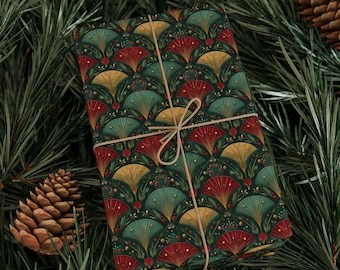 Art Deco Gift Wrap Holiday Wrapping Paper Red Green Gold 1920's Retro Seasonal Gift Wrap Roll Vintage Christmas Wrapping paper Vintage Style