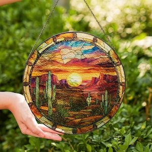 Desert Sunset Cactus and Mountains Stained Glass Suncatcher for Window Hanging Decoration Suncatcher Gift for Cactus Lover Window Decor Art