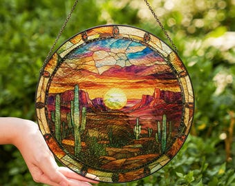 Desert Sunset Cactus and Mountains Stained Glass Suncatcher for Window Hanging Decoration Suncatcher Gift for Cactus Lover Window Decor Art