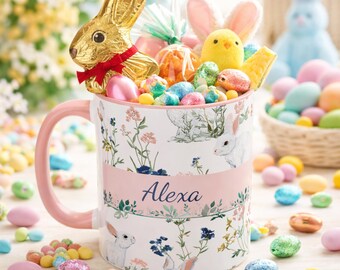 Personalized Easter Bunny Kids Name Mug  | Easter Floral Custom Name Mug | Ceramic Coffee Mug | Tea Cup | Cottagecore Aesthetic