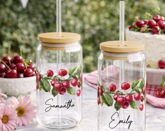 Personalized Cherry Sipper Glass Can Cup With Straw | 16oz | Custom Cherry Lover Gift | Iced Coffee Glass Sipper Watercolor Cherries