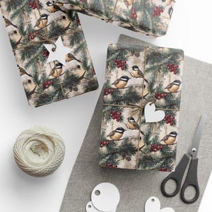 Christmas Bird Chickadee Rustic Christmas Wrapping Paper, Vintage Winter Holiday Gift Wrap Roll, Xmas Gift Wrap Seasonal Farmhouse Gift Wrap image 2
