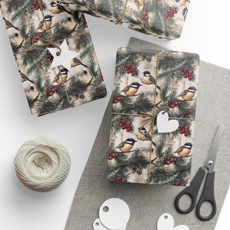 Christmas Bird Chickadee Rustic Christmas Wrapping Paper, Vintage Winter Holiday Gift Wrap Roll, Xmas Gift Wrap Seasonal Farmhouse Gift Wrap image 2