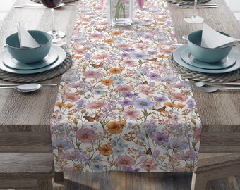 Vintage Spring Wildflower Table Runner | Floral Table Runner Monarch Butterflies | Matching Cloth Napkins | Garden Party Mother's Day Decor
