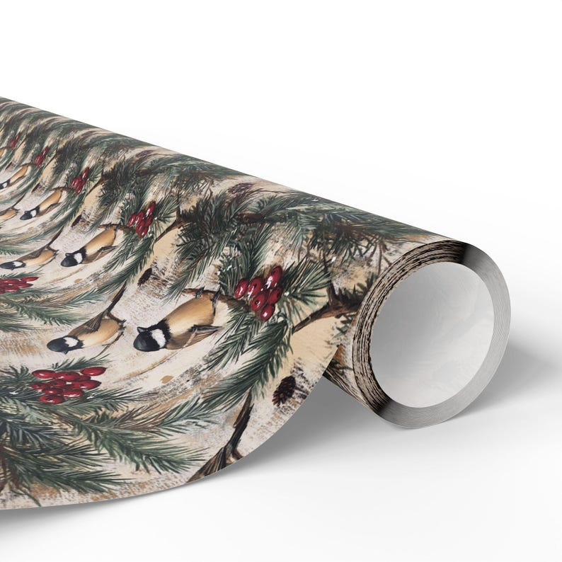 Christmas Bird Chickadee Rustic Christmas Wrapping Paper, Vintage Winter Holiday Gift Wrap Roll, Xmas Gift Wrap Seasonal Farmhouse Gift Wrap image 5