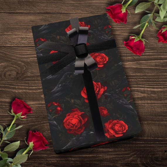 Wrapping Paper Black Crows and Red Roses Gothic Gift Wrap Anniversary Valentines Love Themed Papers Moody Gift Wrap Dark Special Occasion