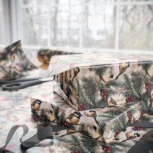Christmas Bird Chickadee Rustic Christmas Wrapping Paper, Vintage Winter Holiday Gift Wrap Roll, Xmas Gift Wrap Seasonal Farmhouse Gift Wrap image 3
