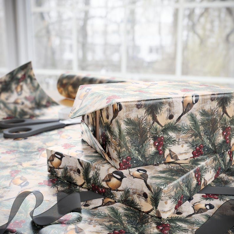 Christmas Bird Chickadee Rustic Christmas Wrapping Paper, Vintage Winter Holiday Gift Wrap Roll, Xmas Gift Wrap Seasonal Farmhouse Gift Wrap image 3