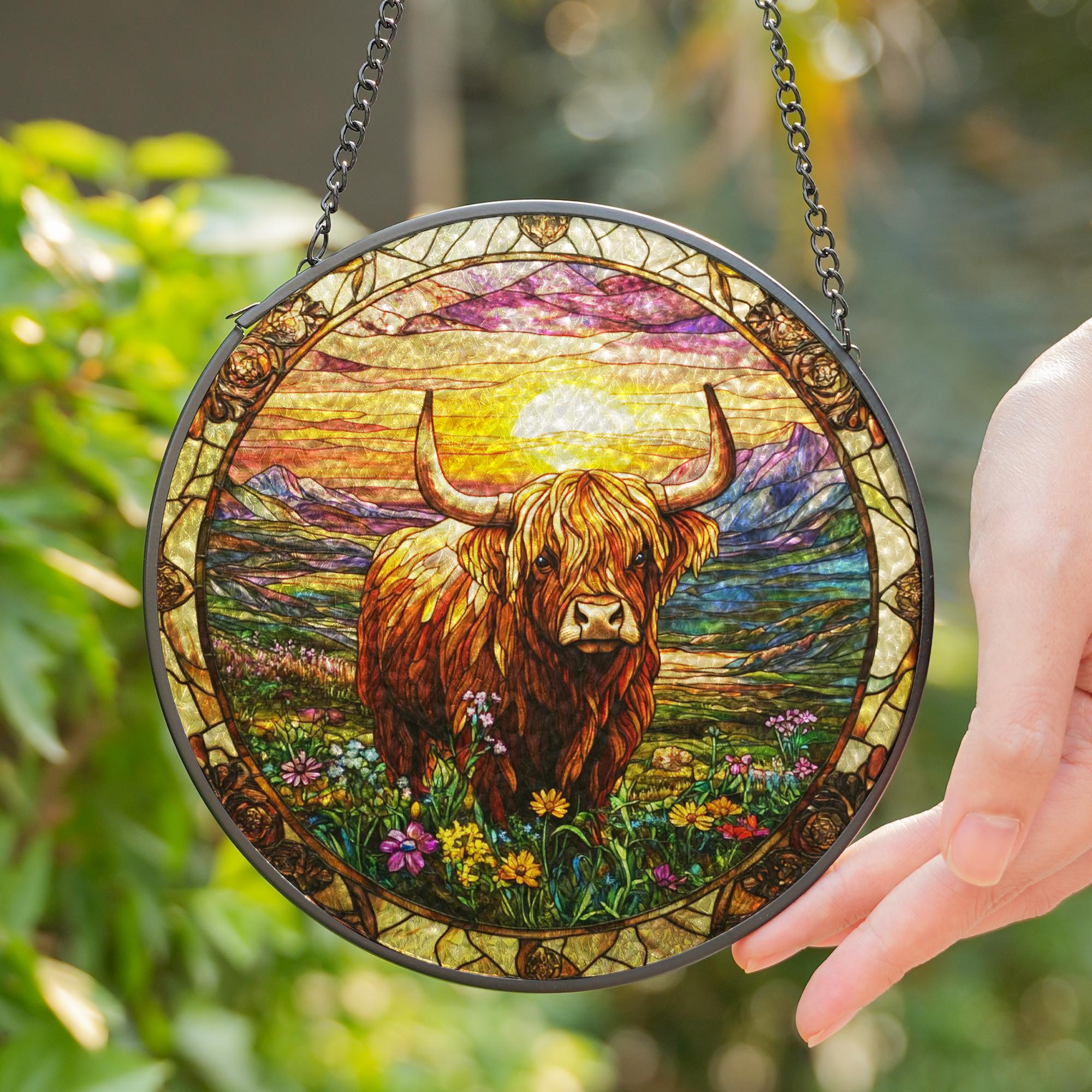 Highlander Cow Stained Glass Suncatcher for Window Hanging Highlander Cow Decor for Highlander Cow Lovers Suncatcher Ornament Farmhouse