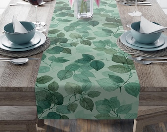Botanical Leaves Table Runner | Muted Green Leaf Pattern | Spring Summer Table Linens | Nature Inspired Decor | Matching Cloth Napkins