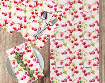Watercolor Cherry Pattern Table Runner | Floral Fruit Kitchen Decor | Matching Cloth Napkins | Spring Summer Table Linens