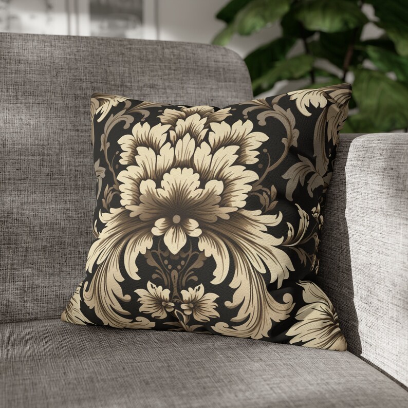 Black and Beige Damask Traditional Living Room Throw Pillow