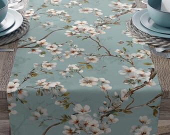 Cherry Blossom Table Runner | Elegant Blue Floral Spring Summer Table Linens | Matching Cloth Napkins | Bridal Shower | Garden Party