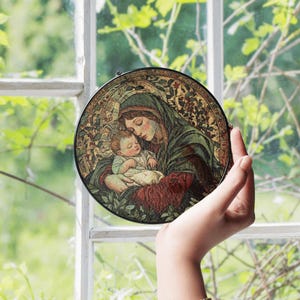 Christmas Baby Jesus Mother Mary Stained Glass Suncatcher Decor Window Hanging Home Decor Gift For Her Stained Glass Art Christian Gift