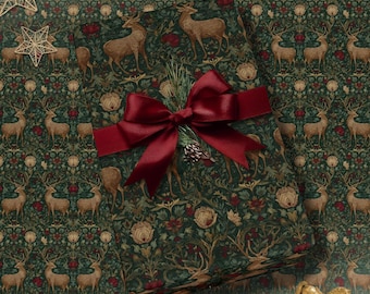 Luxury Christmas Deer Gift Wrap William Morris Inspired, Winter Floral Botanical, Evergreen Decorative Wrapping Paper Roll
