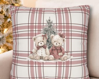 Tartan Teddy Bear Pillow Cover Dusty Pink and Cream Plaid | Pink Christmas Accent Pillow | Kids Christmas Decor | Decorative Pillow