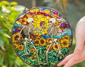 Dancing Skeletons and Sunflowers Stained Glass Suncatcher Window Hanging Gift For-Her Cute Gothic Decor Unique Gift For Daughter Best Friend