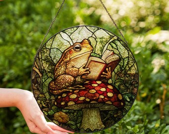 Toad Book Lover Stained Glass Suncatcher for Window Hanging Decoration Book Loving Gift For- Her Vintage Inspired Cottagecore Frog Decore