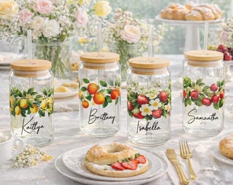 Personalized Fruit Glass Can Sipper with Straw 16oz | Custom Sipper Cup | Garden Party Glasses Personal | Bridesmaid Gift | Strawberries