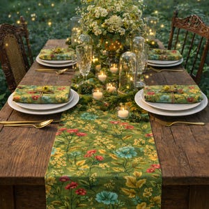 May include: A rustic wooden table set for a dinner party. The table is decorated with a green floral runner, white plates, gold cutlery, and folded napkins. Candles and a floral centerpiece add to the ambiance. Two wooden chairs are visible.