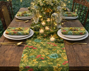 Spring Vintage Floral Pattern Table Runner | Olive Green Botanical Dining Decor | Matching Cloth Napkins | Summer Wildflower Table Linens