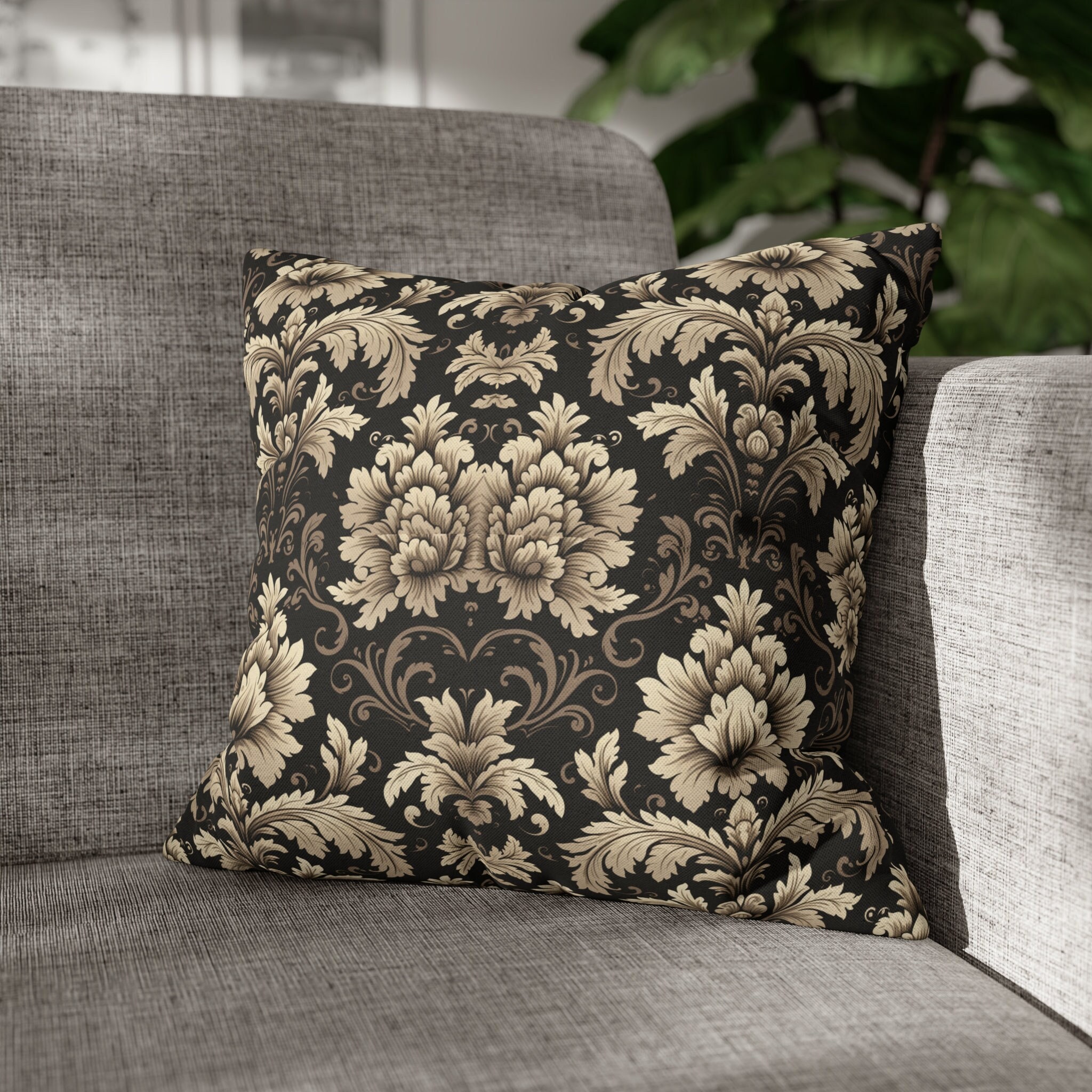 Damask Black Beige Pillow Cover Livingroom Decor Sofa Throw Pillow Contemporary Traditional Livingroom Neutral Decor Floral Pillow Covering