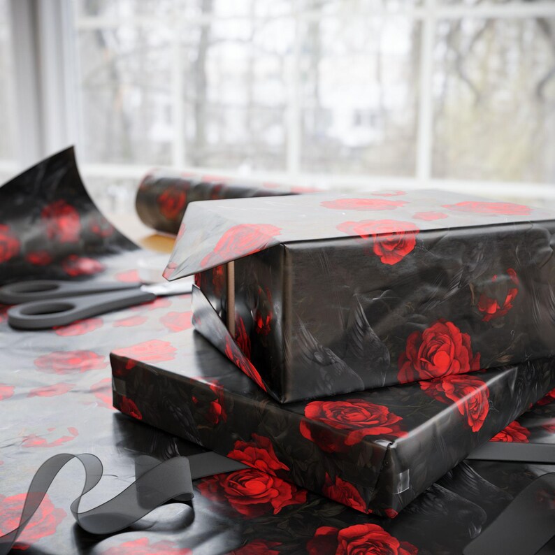 Wrapping Paper Black Crows and Red Roses Gothic Gift Wrap Anniversary Valentines Love Themed Papers Moody Gift Wrap Dark Special Occasion image 3