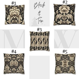 May include: Five different throw pillow designs with black and tan damask patterns. The pillows are numbered 1 through 5.